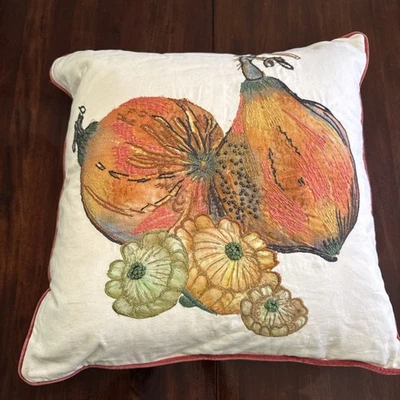 Pottery Barn Throw Pillow Velvet Embroidered Applique Botanical Feather Insert - Image 1 of 4