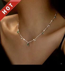 Women's Boho Chic Sterling Silvery925 Necklace with Green Teardrop Synthetic - Picture 1 of 4