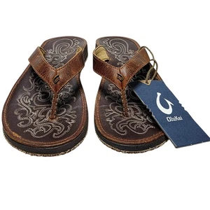OluKai Women’s Size 6 Brown Paniolo Leather Flip Flop Sandals NWT - Picture 1 of 9