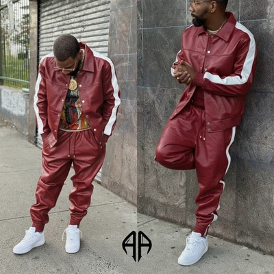 Chándal de cuero para hombre (BORGOÑA\BLANCO) cuero genuino de cordero Foto 1 de 3