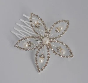 Flower hair comb/slide. Prom/wedding or bridal. Pearl & clear crystal CLEARANCE - Picture 1 of 12