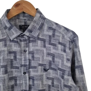 Armani Jeans Shirt Mens M Geometric Blue Grey Long Sleeve  - Picture 1 of 12