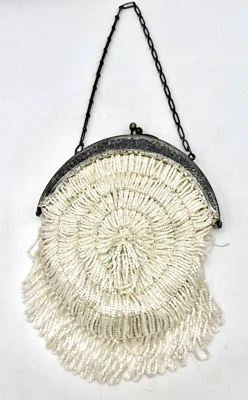 Antique Czechoslovakia White Glass Beaded Metal Frame Purse - Image 1 of 4