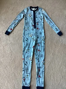 L.L.BEAN KIDS ONE PIECE PAJAMA, 10, DOGS ON BLUE DOING WINTER THINGS, ZIP FRONT - Picture 1 of 5