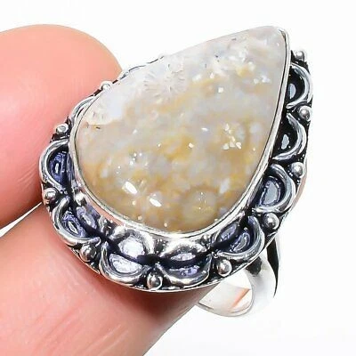 Anillo de plata de ley 925 con piedras preciosas de coral fósil natural tamaño 10 g597 Foto 1 de 4