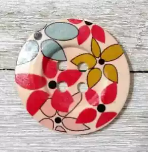 natural wood large button sewing crafts 4 holes 2 inch red blue flower new - Picture 1 of 2
