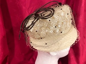 Whimsical vintage '50s retro ladies "Sunday church hat/veil," brown/off white - Picture 1 of 9