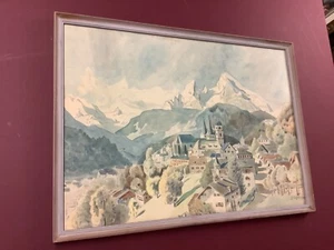 1928 Signed Watercolor Mt. Village With Matterhorn Background - Picture 1 of 12