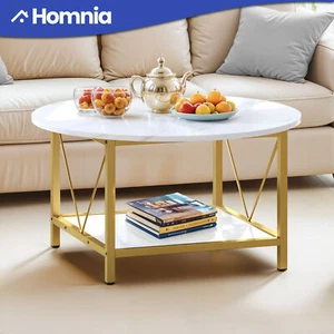 Round Coffee Table White Gold Metal Frame Open Storage Shelf Center Living Room - Picture 1 of 11