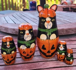 Halloween Nestpuppen 5er Set Katzen Kätzchen Kürbisse - gebraucht fehlende Farbe - Bild 1 von 17