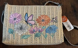 Sakroots Straw Weaved Crossbody Purse Butterfly Embroidered Womens Zip Closure - Picture 1 of 3