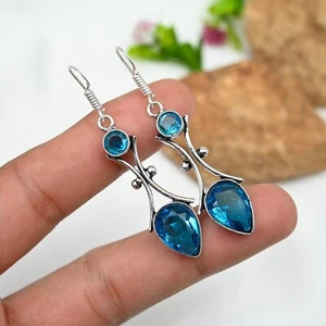 Dainty Blue Topaz Gemstone Handmade 925 Sterling Silver Jewelry Earrings Gift - Picture 1 of 7