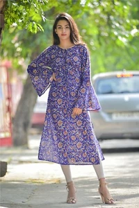Blue Floral 100%Cotton Handmade Kurtis Indian Women's Clothing M Size KURTIS US - Picture 1 of 2