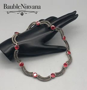 Vintage 925 Sterling Silver & Fiery Red Glass Stones Festoon Choker Necklace - Picture 1 of 6