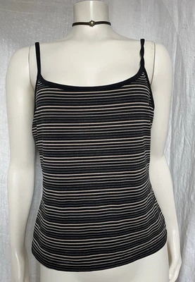Vintage 90s Y2k Dark Stripe Tank Top Grunge Goth Black Beige Stretch Camisole M - Image 1 of 4