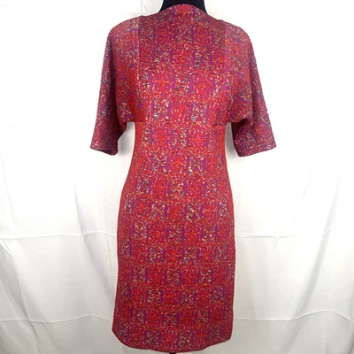 Vestido De Colección Años 60 Mod Hecho a Mano Rojo Púrpura Abstracto Retro Manga Corta Largo Midi Foto 1 de 4