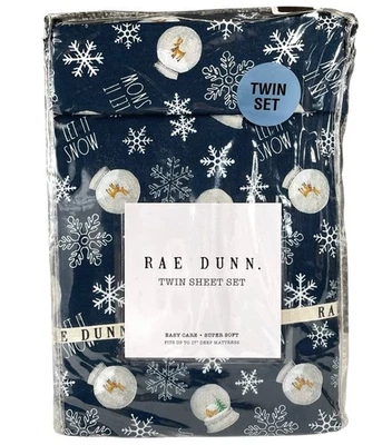Rae Dunn “LET IT SNOW” 3 Pc. Twin Sheet Set Snow Globe Snowflake Reindeer Winter - Image 1 of 4