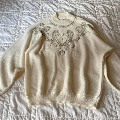 suéter de malha vintage simulado pescoço enfeitado pérola miçangas tamanho XL fada Natal - Imagem 1 de 4