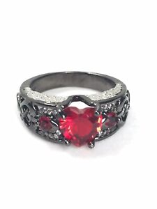 Ruby Heart Sterling Silver Black Anodized Ring Size 8.5