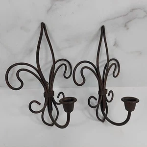 Brutalist Wrought Iron Fleur de Lis Candle Wall Sconce Set/2 10x7" - Picture 1 of 7
