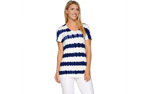 Lisa Rinna Collection Short Sleeve Striped Tie-Dye Knit Top Blue S A292285 J - Picture 1 of 5