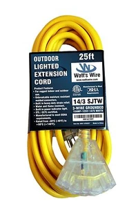 25' Lighted 14/3 Heavy Duty 3 Outlet SJTW Extension Cord - 14 3 25ft Indoor/Outd - Picture 1 of 6
