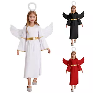 Girls Angel Outfit Kids Dress with Wings and Feather Hairband Halloween Dress AU - Picture 1 of 42