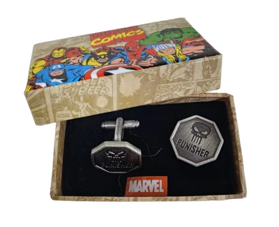 Avengers The Punisher logotipo hexagonal abotoaduras na caixa oficialmente licenciadas pela MARVEL - Imagem 1 de 2