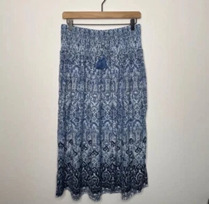 NWT J. Jill Smocked Maxi Skirt Size M Boho Peasant Paisley Blue Print - Picture 1 of 5