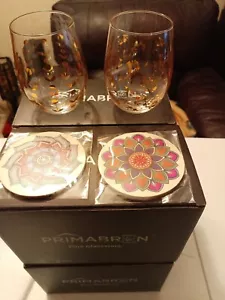4 set of 2 Primabron Fine Glassware 17oz Wine Glass Coaster Set Gold Modern - Picture 1 of 7