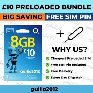 Carte SIM O2 avec crédit lot de 10 £ données 8 Go et appels illimités + broche SIM gratuite - Photo 1 sur 5