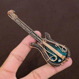Blue Baltic Amber Gemstone Copper Wire Wrap Guitar Pendant 4.53" Gift for Her y5 - Picture 1 of 6