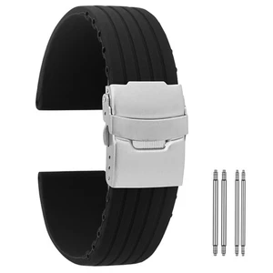 18mm 20mm 22mm 24mm Soft Silicone Watch Band Replacement Strap Deployment Clasp - Picture 1 of 14