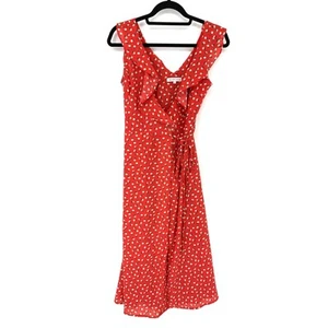 Heartloom Women's XS Sleeveless Ruffle Floral Print Midi Wrap Dress V-Neck Red - Picture 1 of 4