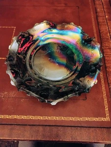 Indiana Blue Carnival Glass Bowl/Plate Iridescent Diamond Point Ruffled Edge-7” - Picture 1 of 8
