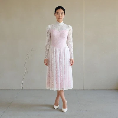 Vestido midi vintage años 80 Scott McClintock blanco encaje talla 4 floral rosa victoriano Foto 1 de 4