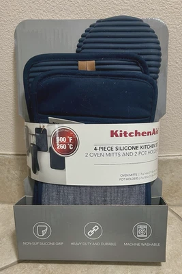 KitchenAid 4pc Navy  Silicone Kitchen Set–2 Mitts / 2  Pot Holders~1 Day Ship - Image 1 of 4