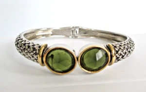Green Glass Stone Weave Cable Hinged Cuff Bracelet Bangle 8" Silver & Gold Tone - Picture 1 of 5