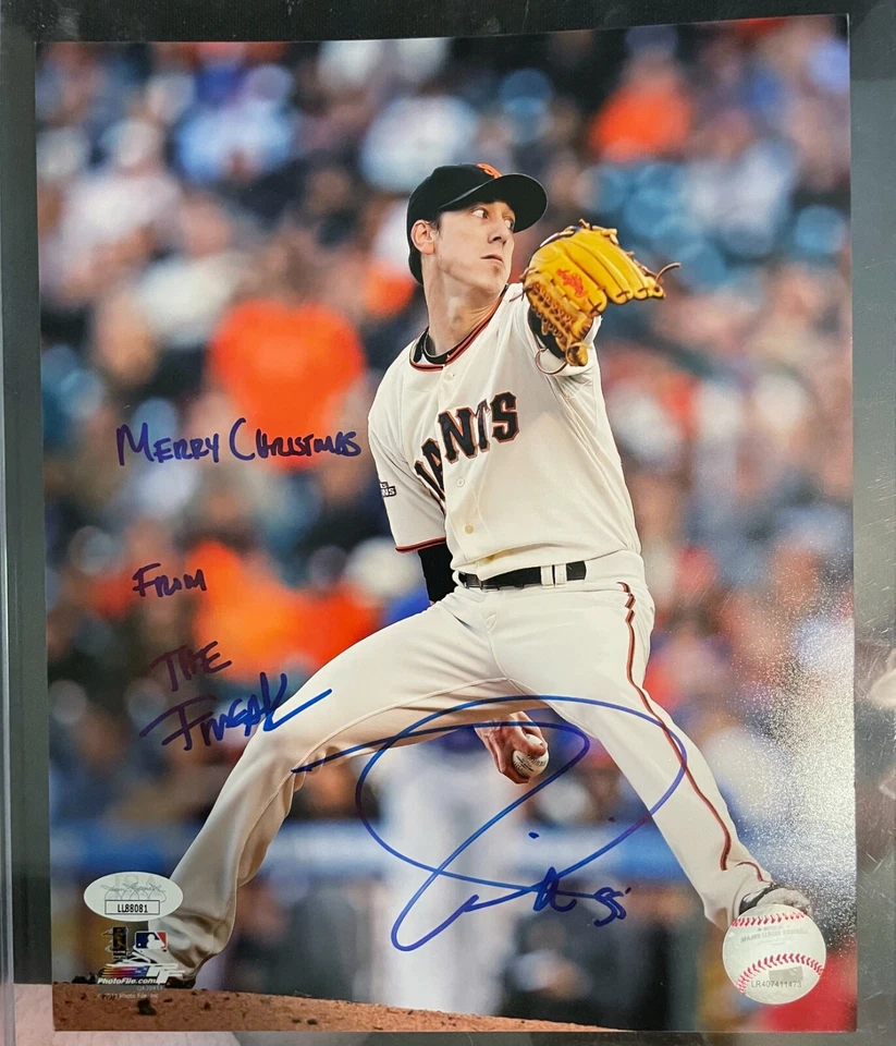 TIM LINCECUM signed auto autograph Inscribed Merry Christmas 8 x 10 Photo JSA  - Image 1 of 1