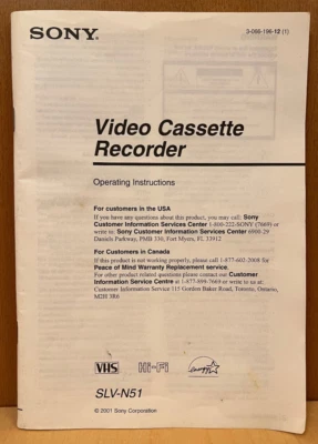 SONY SLV-N51 VHS VCR Video Cassette Recorder Owner’s Manual Original - Image 1 of 2