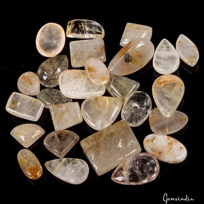 190 Ct/11 Pcs Natural Untreated Golden Wire Rutile Quartz Mix Cab Loose Gems Lot - Image 1 of 4