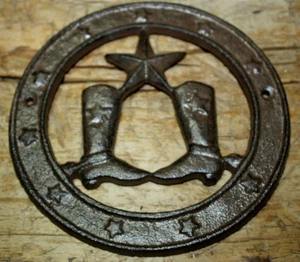 Cast Iron STAR Cowboy Boots Plaque Sign Rustic Ranch Wall Decor TEXAS Trivet - Picture 1 of 1