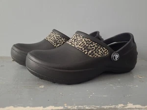 NEW Crocs Mercy Work Slip-Resistant Clog Black Leopard Print Accent Womens Sz 6 - Picture 1 of 14