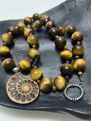 Large Tigers Eye Beaded Necklace 24” Ammonite Fossil Pendant 1.5” Gorgeous - Image 1 of 4