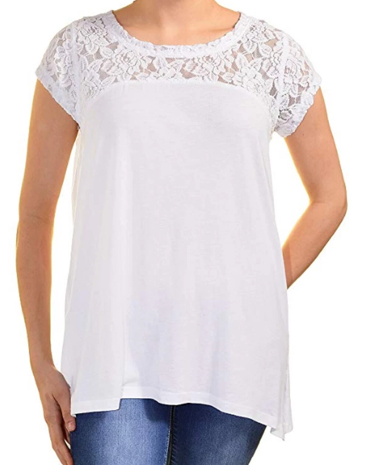 DKNY Jeans Womens Shirt Short Sleeve Top Lace Accent White Size M