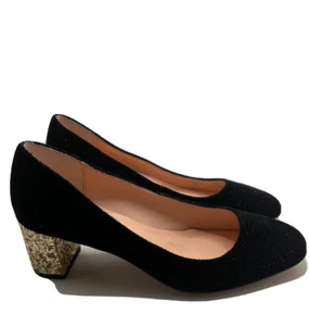 Kate Spade Serene Black Velvet Gold Glitter Block Heel Sz 6.5 Designer Shoes - Picture 1 of 9