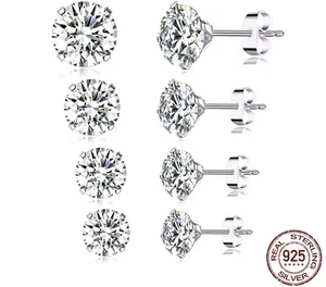 Solid 925 Sterling Silver Round Cubic Zirconia CZ Stud Earring 4-5-6-7mm 4 Pairs - Picture 1 of 7
