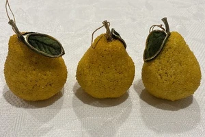 (3 Vintage Sugared Beaded Yellow Pears Faux Fruit Christmas Tree Ornaments - Picture 1 of 12