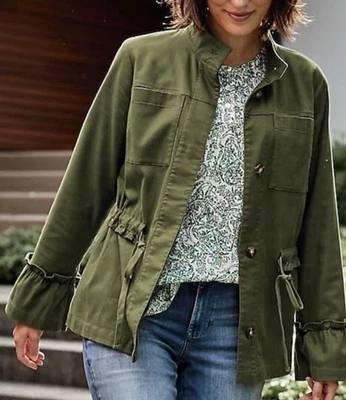 Chaqueta de Safari J Jill 2X Verde Oliva Militar Anorak Corbata Cintura Botón Frontal Nueva con Etiquetas Foto 1 de 4