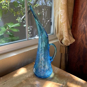 Vtg Kanawha Blue Crackle Art Glass Pitcher Ewer Hand Crafted MCM 14.5" - Picture 1 of 10